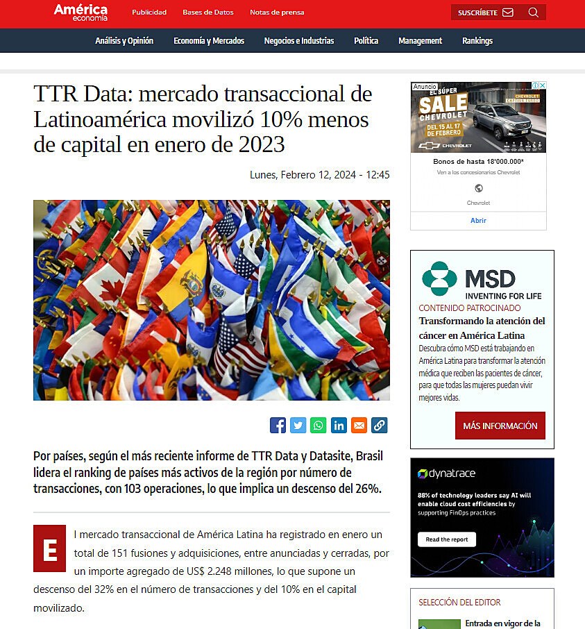 TTR Data: mercado transaccional de Latinoamrica moviliz 10% menos de capital en enero de 2023
